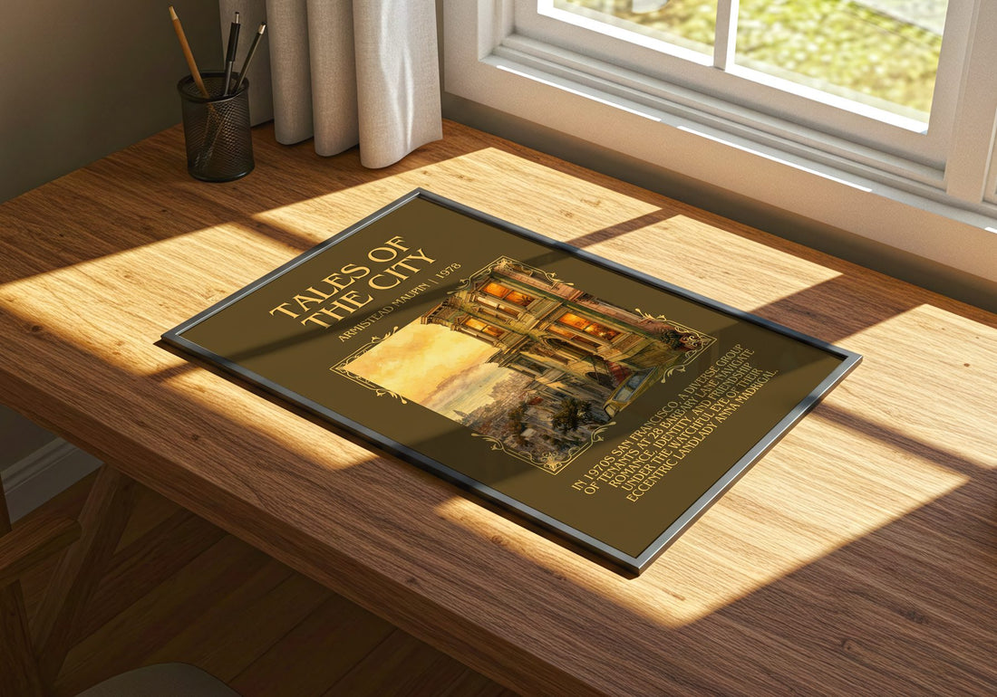 Tales of the City Minimalist Book Poster by Armistead Maupin – print on a sunlit desk