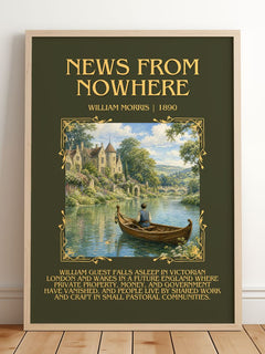 News from Nowhere Minimalist Book Poster by William Morris – framed print leaning on a wooden floor