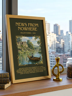 News from Nowhere Minimalist Book Poster by William Morris – framed print on a city-view windowsill