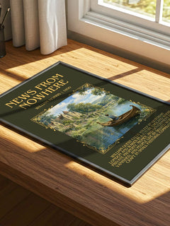 News from Nowhere Minimalist Book Poster by William Morris – print on a sunlit desk