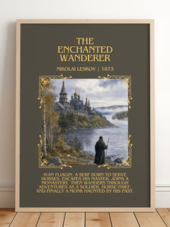 The Enchanted Wanderer Minimalist Book Poster by Nikolai Leskov – framed print leaning on a wooden floor