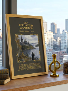 The Enchanted Wanderer Minimalist Book Poster by Nikolai Leskov – framed print on a city-view windowsill