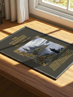The Enchanted Wanderer Minimalist Book Poster by Nikolai Leskov – print on a sunlit desk