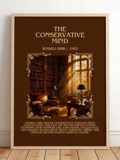 The Conservative Mind Minimalist Book Poster by Russell Kirk – framed print leaning on a wooden floor
