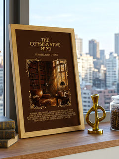 The Conservative Mind Minimalist Book Poster by Russell Kirk – framed print on a city-view windowsill