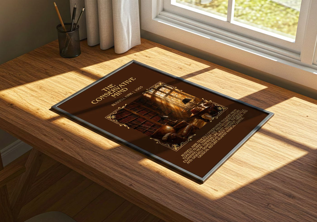The Conservative Mind Minimalist Book Poster by Russell Kirk – print on a sunlit desk