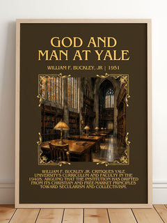 God and Man at Yale Minimalist Book Poster by William F. Buckley, Jr – framed print leaning on a wooden floor