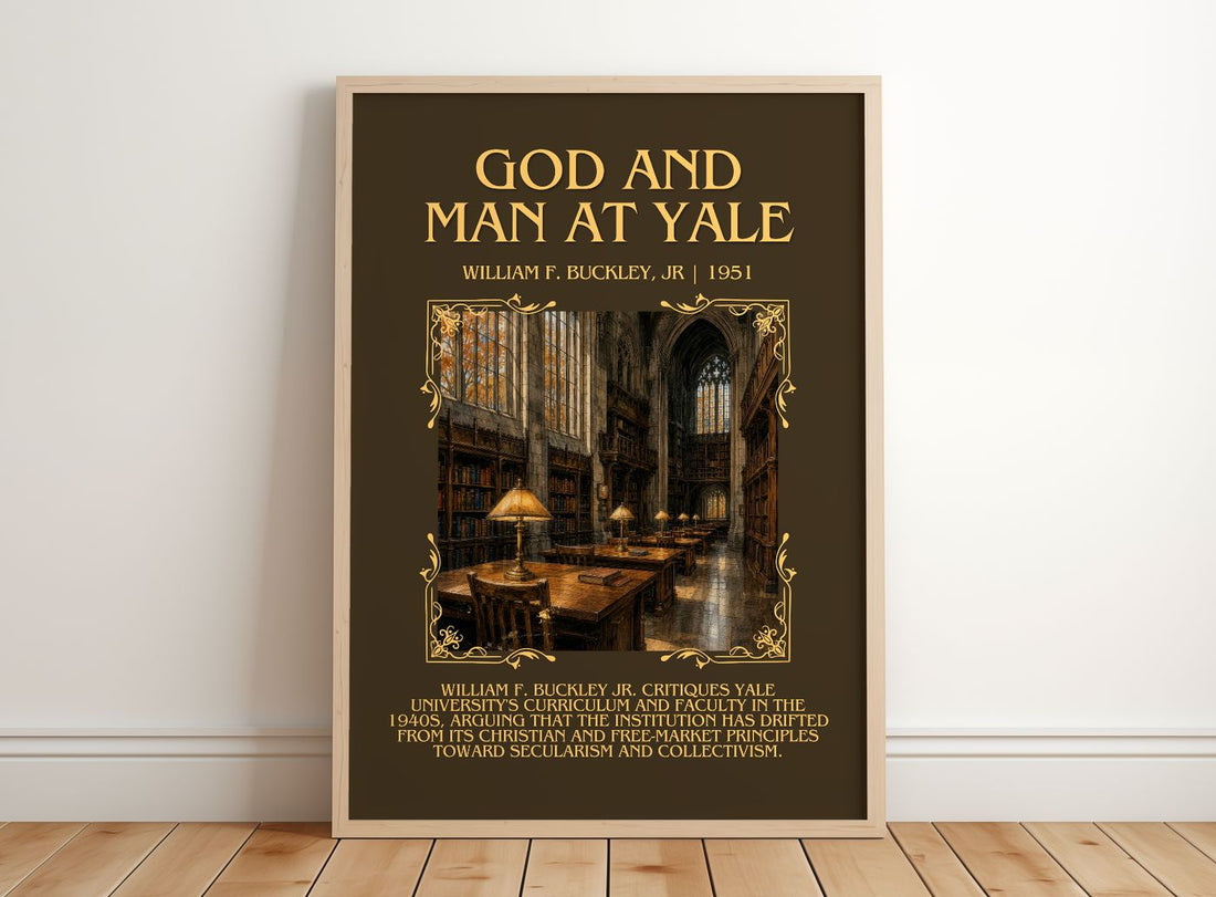 God and Man at Yale Minimalist Book Poster by William F. Buckley, Jr – framed print leaning on a wooden floor