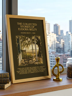 Collected Stories of Eudora Welty Minimalist Book Poster by E. Welty – framed print on a city-view windowsill