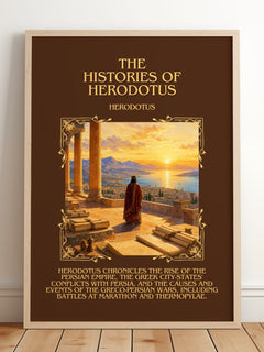 The Histories of Herodotus Minimalist Book Poster by Herodotus – framed print leaning on a wooden floor