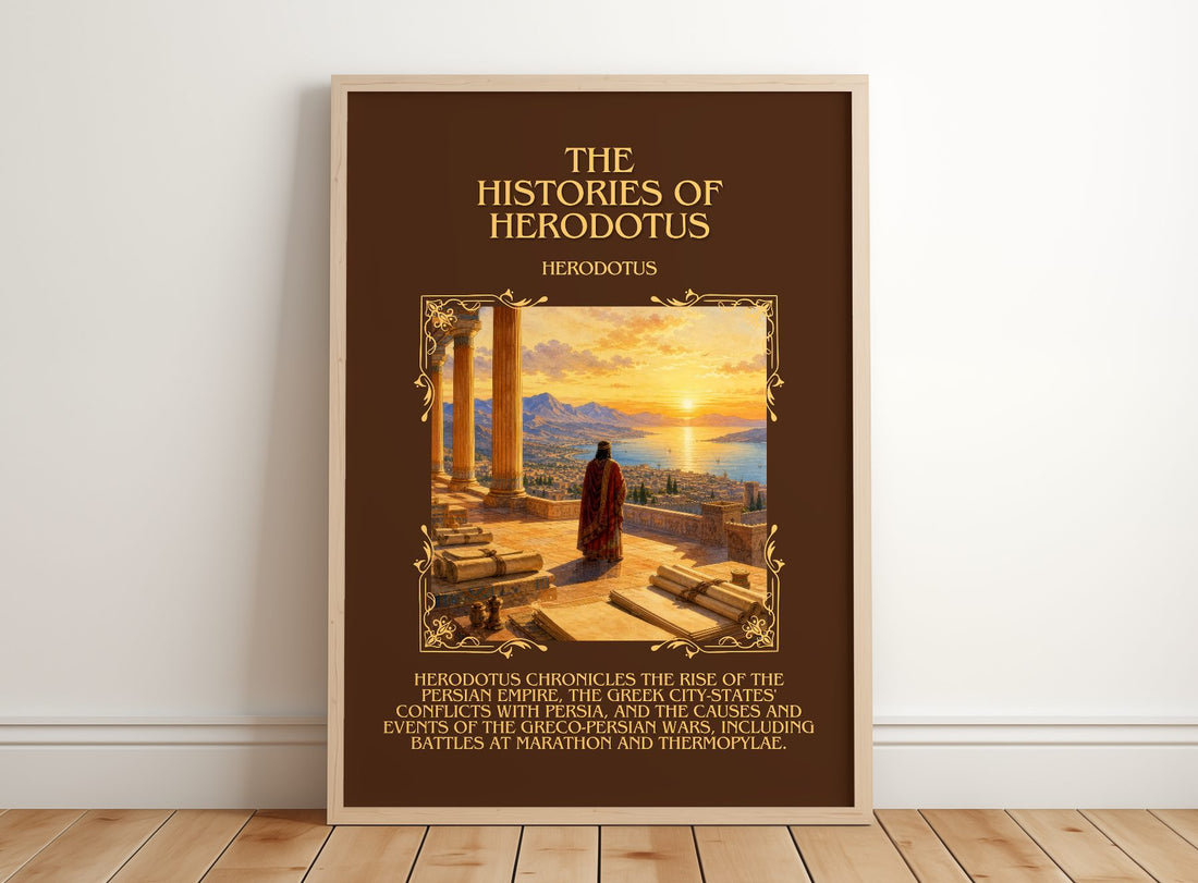 The Histories of Herodotus Minimalist Book Poster by Herodotus – framed print leaning on a wooden floor