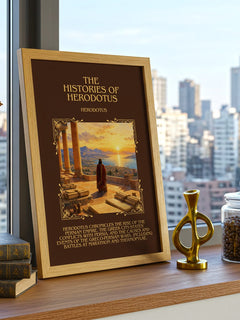 The Histories of Herodotus Minimalist Book Poster by Herodotus – framed print on a city-view windowsill