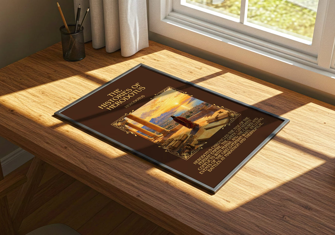 The Histories of Herodotus Minimalist Book Poster by Herodotus – print on a sunlit desk