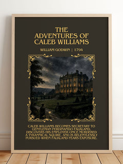 Adventures of Caleb Williams Minimalist Book Poster by William Godwin – framed print leaning on a wooden floor