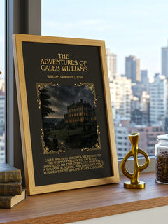 Adventures of Caleb Williams Minimalist Book Poster by William Godwin – framed print on a city-view windowsill