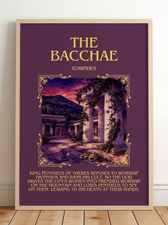 The Bacchae Minimalist Book Poster by Euripides – framed print leaning on a wooden floor