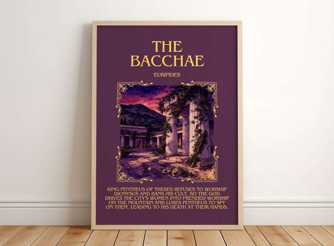 The Bacchae Minimalist Book Poster by Euripides – framed print leaning on a wooden floor