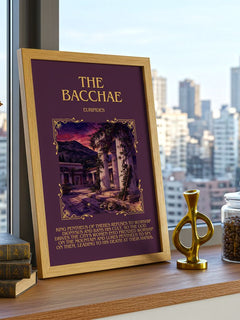 The Bacchae Minimalist Book Poster by Euripides – framed print on a city-view windowsill