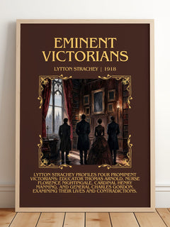 Eminent Victorians Minimalist Book Poster by Lytton Strachey – framed print leaning on a wooden floor