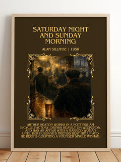 Saturday Night and Sunday Morning Minimalist Book Poster by Alan Sillitoe – framed print leaning on a wooden floor