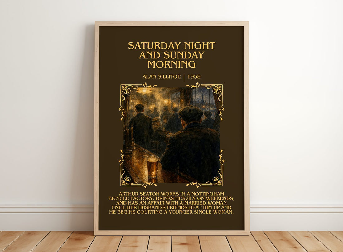 Saturday Night and Sunday Morning Minimalist Book Poster by Alan Sillitoe – framed print leaning on a wooden floor