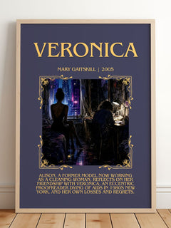 Veronica Minimalist Book Poster by Mary Gaitskill – framed print leaning on a wooden floor