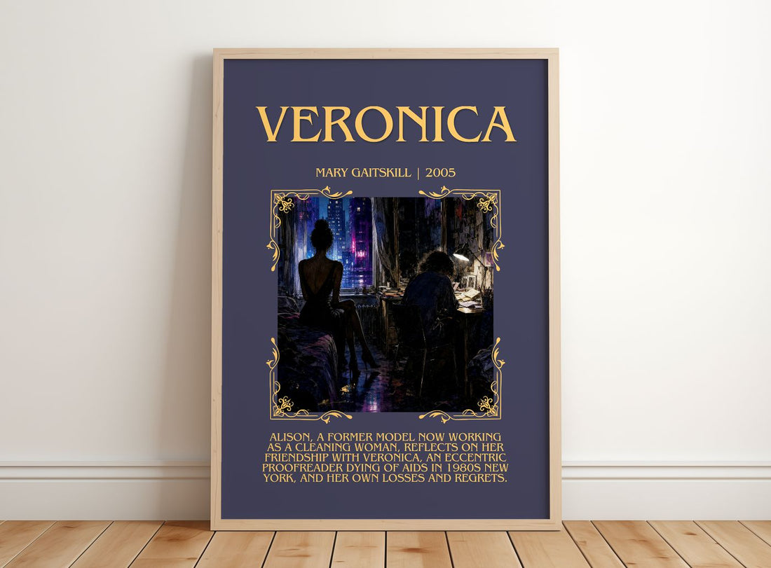 Veronica Minimalist Book Poster by Mary Gaitskill – framed print leaning on a wooden floor