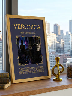 Veronica Minimalist Book Poster by Mary Gaitskill – framed print on a city-view windowsill