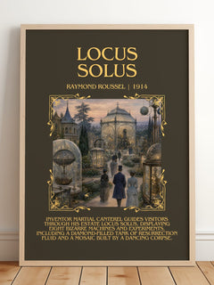 Locus Solus Minimalist Book Poster by Raymond Roussel – framed print leaning on a wooden floor