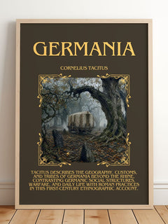 Germania Minimalist Book Poster by Cornelius Tacitus – framed print leaning on a wooden floor