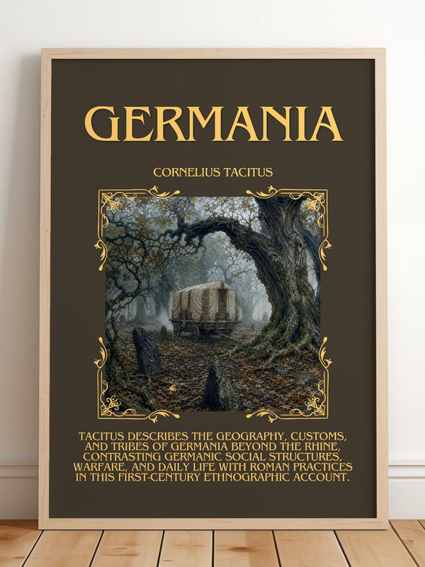 Germania Minimalist Book Poster by Cornelius Tacitus – framed print leaning on a wooden floor