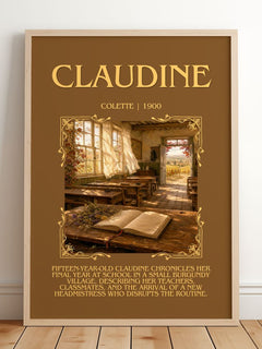 Claudine Minimalist Book Poster by Colette – framed print leaning on a wooden floor