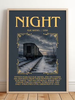 Night Minimalist Book Poster by Elie Wiesel – framed print leaning on a wooden floor