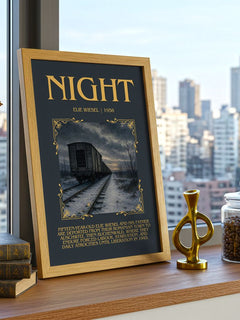 Night Minimalist Book Poster by Elie Wiesel – framed print on a city-view windowsill