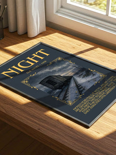 Night Minimalist Book Poster by Elie Wiesel – print on a sunlit desk