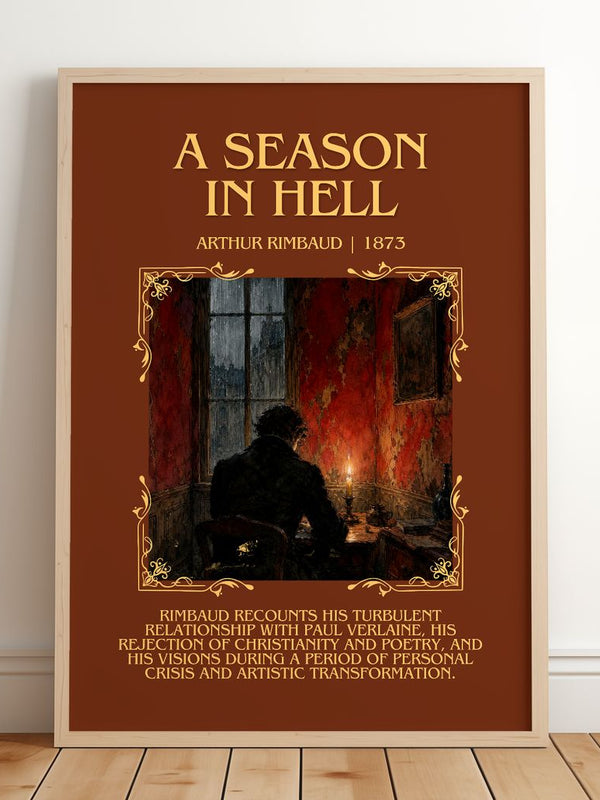 A Season in Hell Minimalist Book Poster by Arthur Rimbaud – framed print leaning on a wooden floor