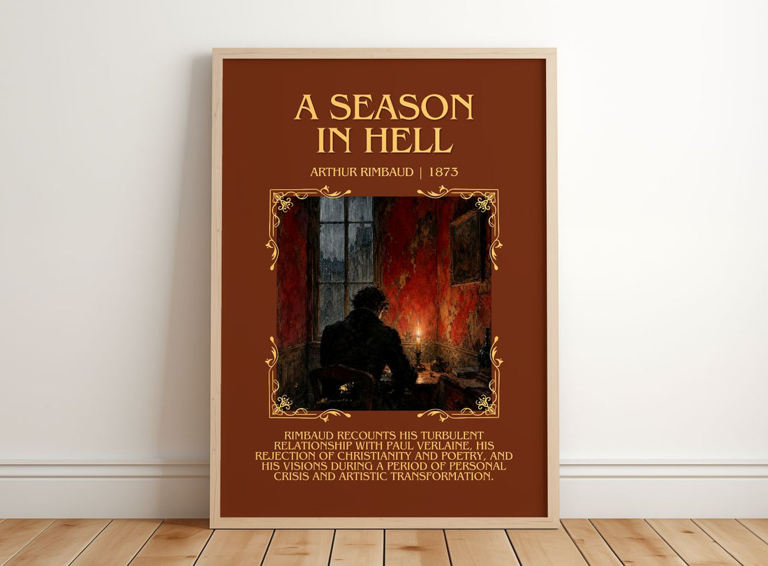 A Season in Hell Minimalist Book Poster by Arthur Rimbaud – framed print leaning on a wooden floor