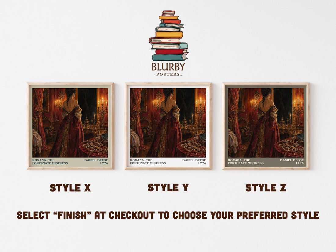 Roxana: The Fortunate Mistress literary print in frame leaning in hallway – classic literature wall art (mockup)