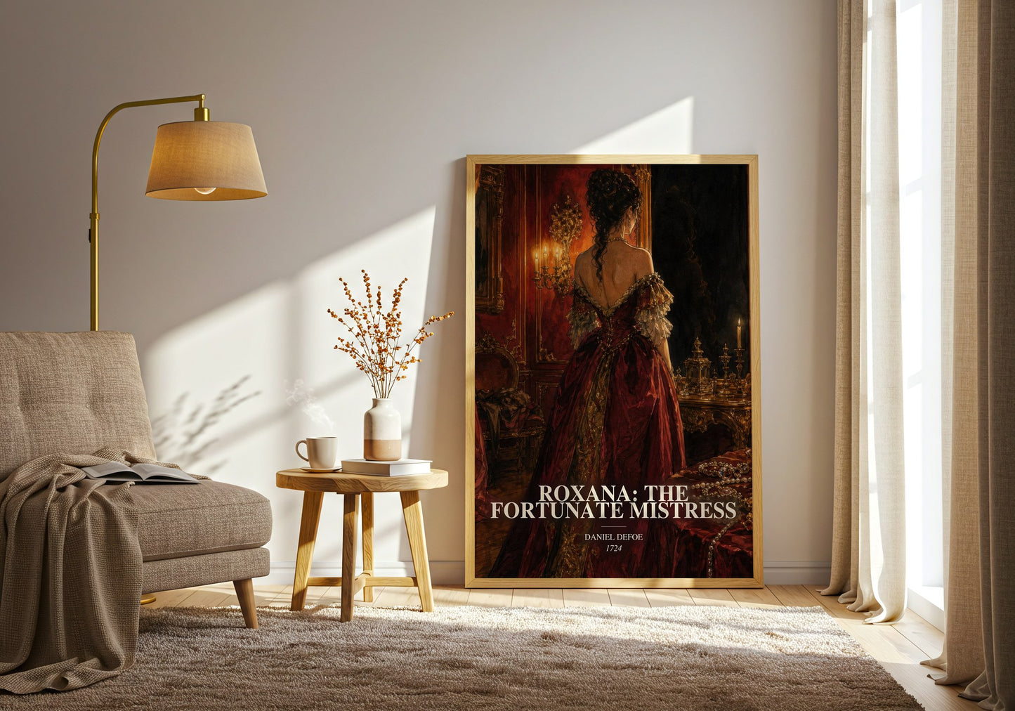 Roxana: The Fortunate Mistress watercolour print in frame leaning in hallway – classic literature wall art