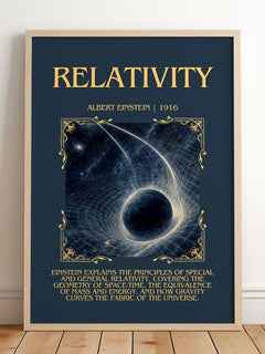 Relativity Minimalist Book Poster by Albert Einstein – framed print leaning on a wooden floor