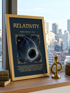 Relativity Minimalist Book Poster by Albert Einstein – framed print on a city-view windowsill