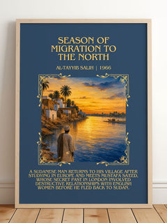 Season of Migration to the North Minimalist Book Poster by A. Salih – framed print leaning on a wooden floor