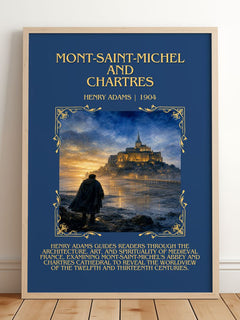 Mont-Saint-Michel and Chartres Minimalist Book Poster by Henry Adams – framed print leaning on a wooden floor