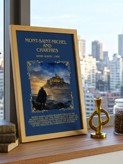 Mont-Saint-Michel and Chartres Minimalist Book Poster by Henry Adams – framed print on a city-view windowsill