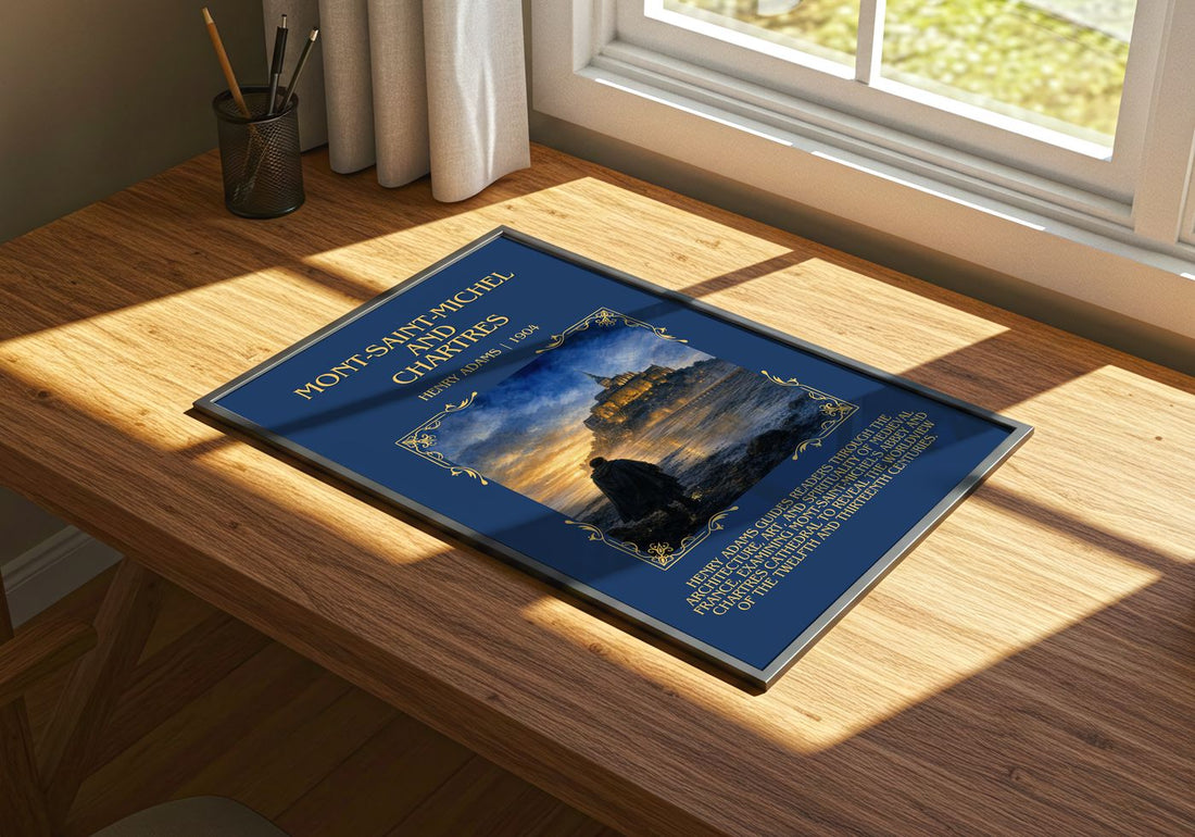 Mont-Saint-Michel and Chartres Minimalist Book Poster by Henry Adams – print on a sunlit desk