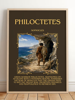 Philoctetes Minimalist Book Poster by Sophocles – framed print leaning on a wooden floor