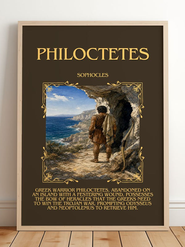 Philoctetes Minimalist Book Poster by Sophocles – framed print leaning on a wooden floor
