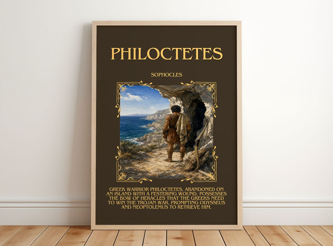 Philoctetes Minimalist Book Poster by Sophocles – framed print leaning on a wooden floor