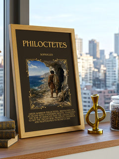 Philoctetes Minimalist Book Poster by Sophocles – framed print on a city-view windowsill