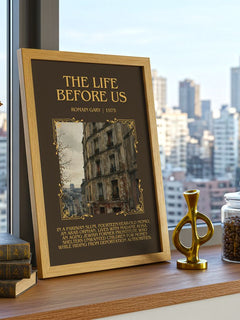 The Life Before Us Minimalist Book Poster by Romain Gary – framed print on a city-view windowsill